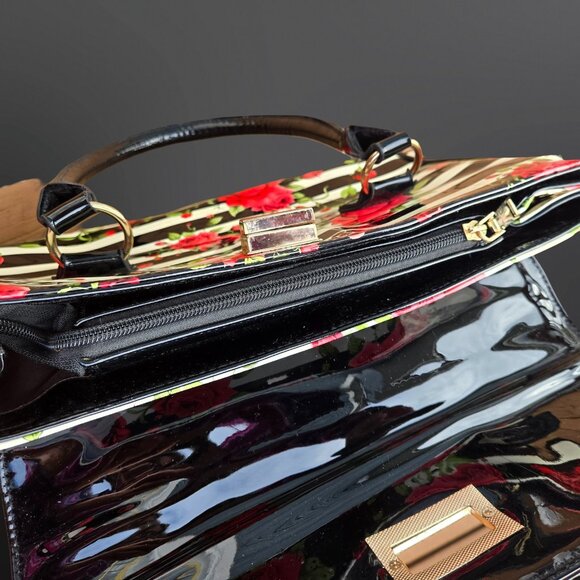 Y2K Glossy Top Handle Shoulder Bag Black White Striped Red Rose Floral Emo Goth - Picture 12 of 14